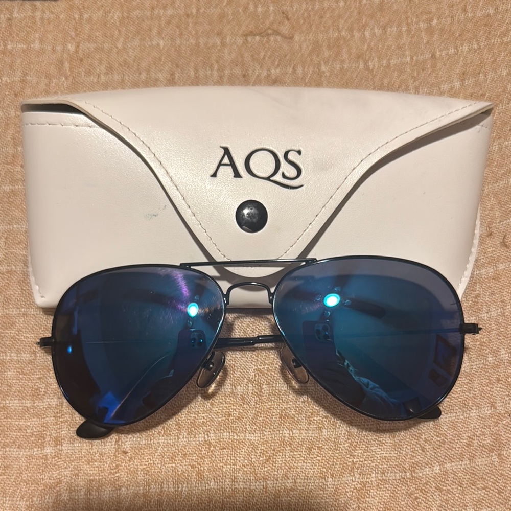 AQS Black Frame Sunglasses with Blue Mirrored Lenses